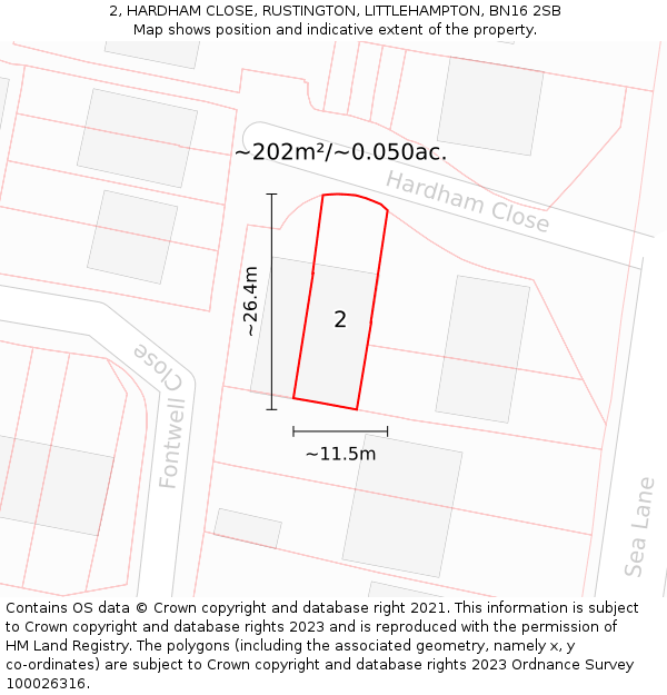 2, HARDHAM CLOSE, RUSTINGTON, LITTLEHAMPTON, BN16 2SB: Plot and title map