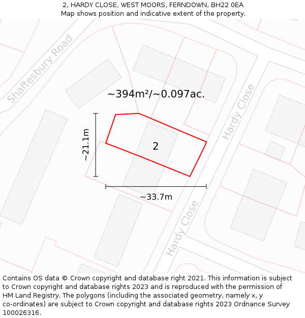 2, HARDY CLOSE, WEST MOORS, FERNDOWN, BH22 0EA: Plot and title map