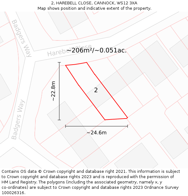 2, HAREBELL CLOSE, CANNOCK, WS12 3XA: Plot and title map