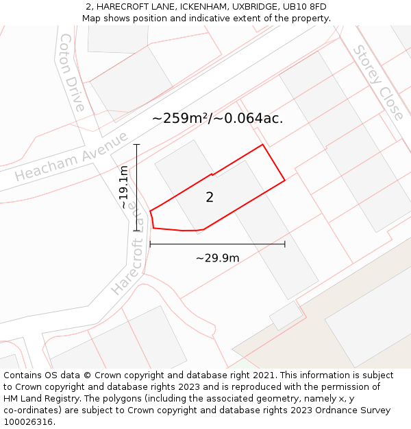 2, HARECROFT LANE, ICKENHAM, UXBRIDGE, UB10 8FD: Plot and title map