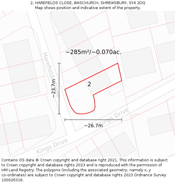 2, HAREFIELDS CLOSE, BASCHURCH, SHREWSBURY, SY4 2DQ: Plot and title map