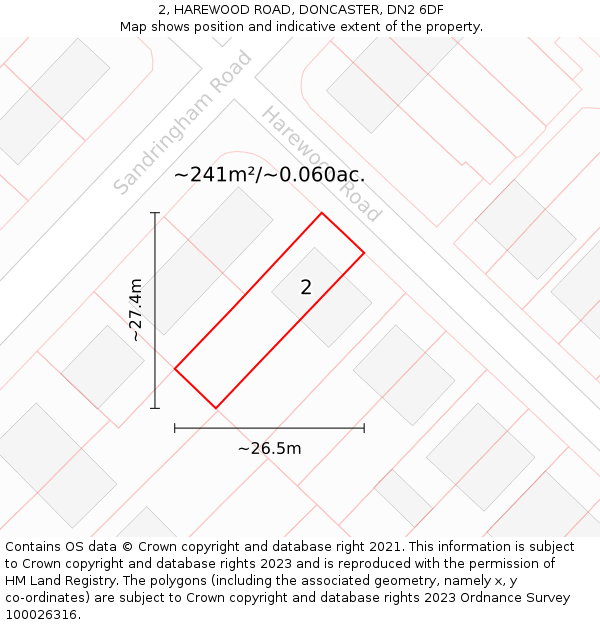 2, HAREWOOD ROAD, DONCASTER, DN2 6DF: Plot and title map