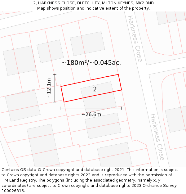 2, HARKNESS CLOSE, BLETCHLEY, MILTON KEYNES, MK2 3NB: Plot and title map