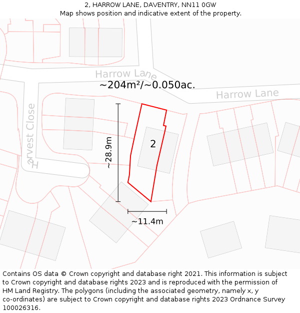 2, HARROW LANE, DAVENTRY, NN11 0GW: Plot and title map