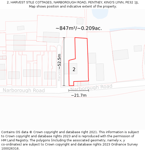 2, HARVEST STILE COTTAGES, NARBOROUGH ROAD, PENTNEY, KING'S LYNN, PE32 1JL: Plot and title map