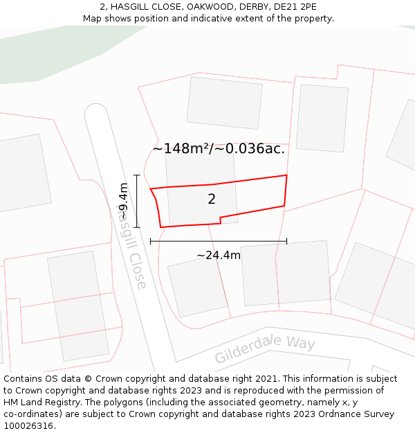 2, HASGILL CLOSE, OAKWOOD, DERBY, DE21 2PE: Plot and title map