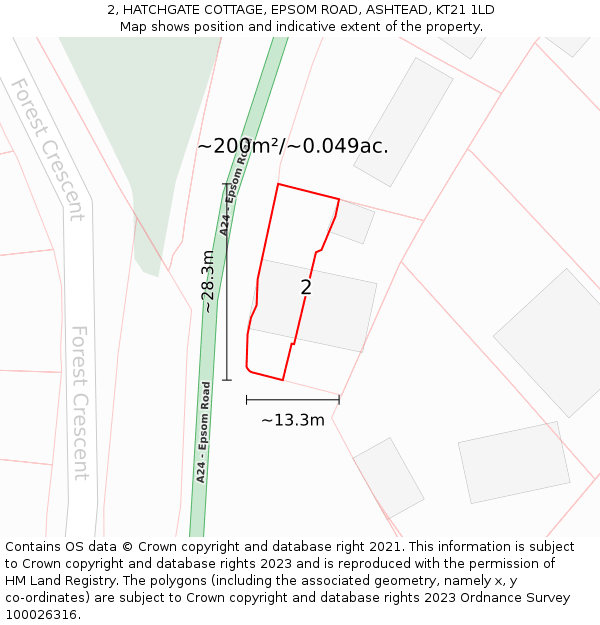 2, HATCHGATE COTTAGE, EPSOM ROAD, ASHTEAD, KT21 1LD: Plot and title map
