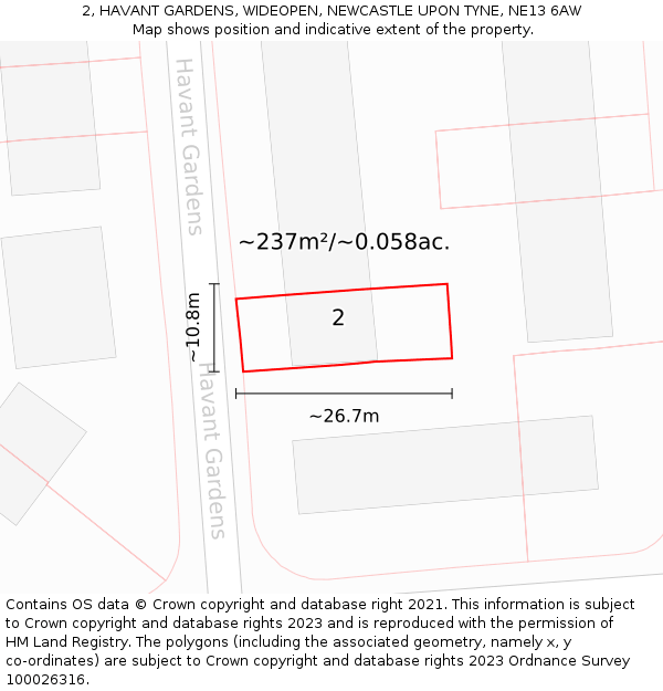 2, HAVANT GARDENS, WIDEOPEN, NEWCASTLE UPON TYNE, NE13 6AW: Plot and title map