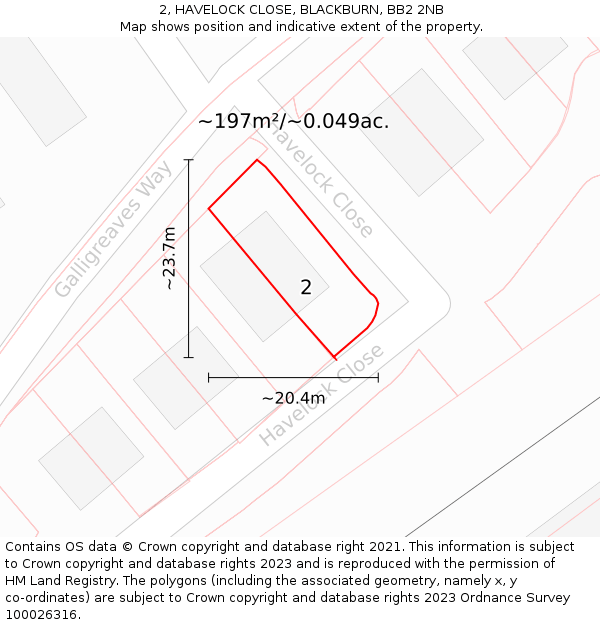 2, HAVELOCK CLOSE, BLACKBURN, BB2 2NB: Plot and title map