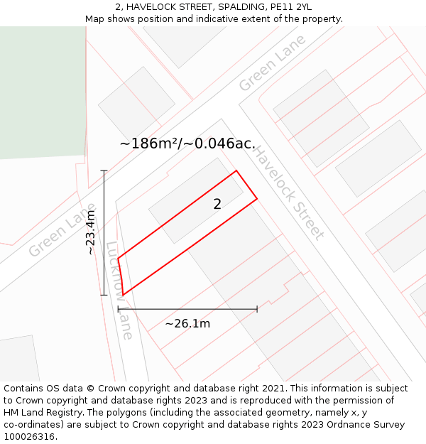 2, HAVELOCK STREET, SPALDING, PE11 2YL: Plot and title map