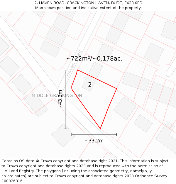 2, HAVEN ROAD, CRACKINGTON HAVEN, BUDE, EX23 0PD: Plot and title map