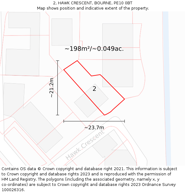 2, HAWK CRESCENT, BOURNE, PE10 0BT: Plot and title map