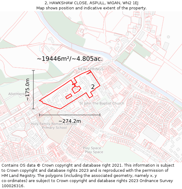 2, HAWKSHAW CLOSE, ASPULL, WIGAN, WN2 1EJ: Plot and title map