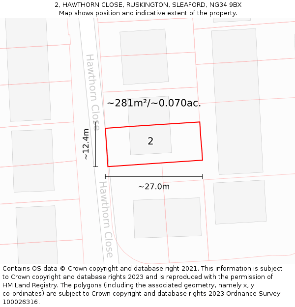 2, HAWTHORN CLOSE, RUSKINGTON, SLEAFORD, NG34 9BX: Plot and title map
