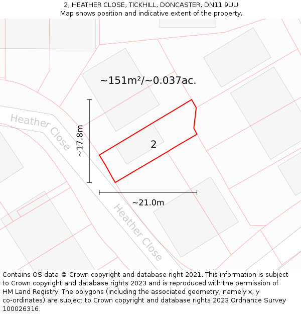 2, HEATHER CLOSE, TICKHILL, DONCASTER, DN11 9UU: Plot and title map