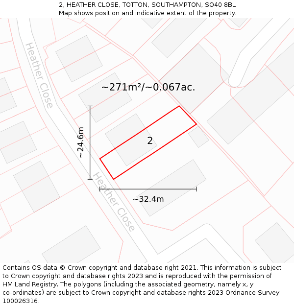 2, HEATHER CLOSE, TOTTON, SOUTHAMPTON, SO40 8BL: Plot and title map