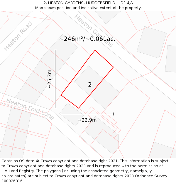 2, HEATON GARDENS, HUDDERSFIELD, HD1 4JA: Plot and title map