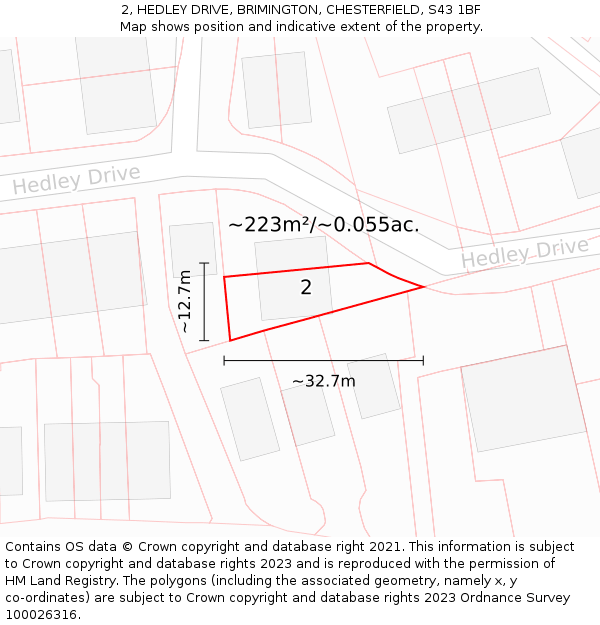 2, HEDLEY DRIVE, BRIMINGTON, CHESTERFIELD, S43 1BF: Plot and title map