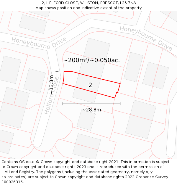2, HELFORD CLOSE, WHISTON, PRESCOT, L35 7NA: Plot and title map