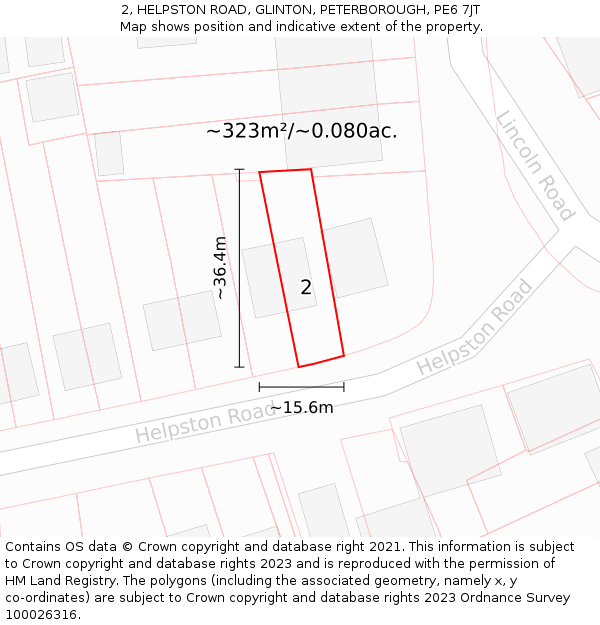 2, HELPSTON ROAD, GLINTON, PETERBOROUGH, PE6 7JT: Plot and title map