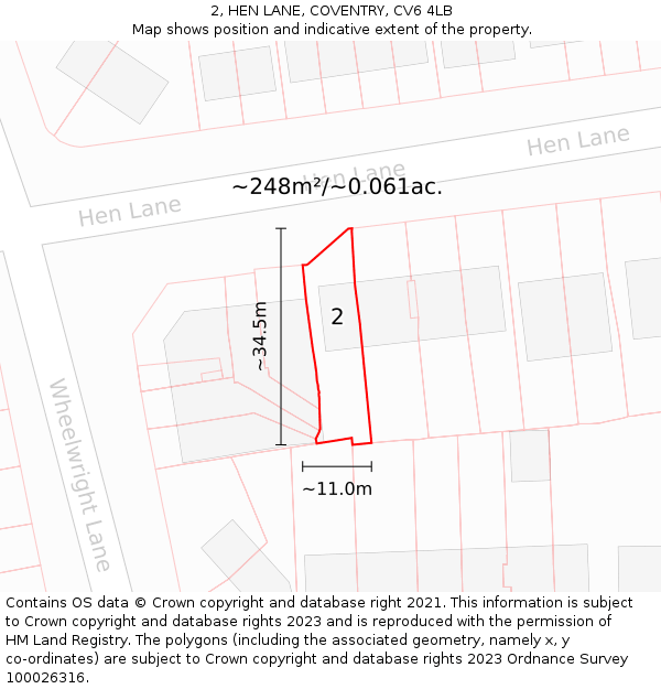 2, HEN LANE, COVENTRY, CV6 4LB: Plot and title map
