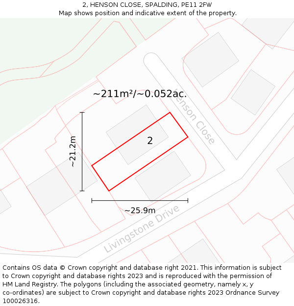 2, HENSON CLOSE, SPALDING, PE11 2FW: Plot and title map