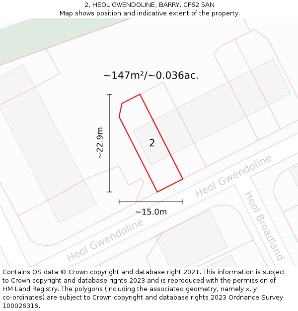 2, HEOL GWENDOLINE, BARRY, CF62 5AN: Plot and title map