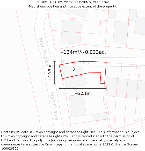 2, HEOL HEALEY, COITY, BRIDGEND, CF35 6GW: Plot and title map