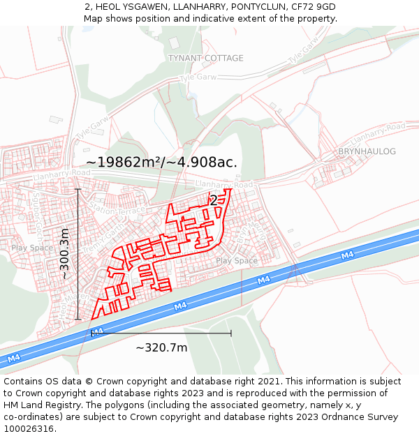2, HEOL YSGAWEN, LLANHARRY, PONTYCLUN, CF72 9GD: Plot and title map
