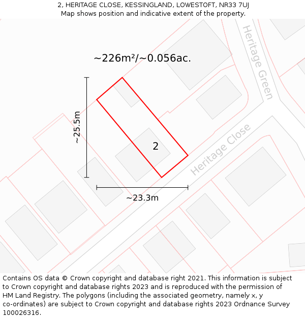 2, HERITAGE CLOSE, KESSINGLAND, LOWESTOFT, NR33 7UJ: Plot and title map