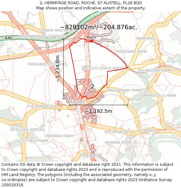 2, HERMITAGE ROAD, ROCHE, ST AUSTELL, PL26 8QD: Plot and title map