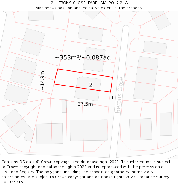 2, HERONS CLOSE, FAREHAM, PO14 2HA: Plot and title map