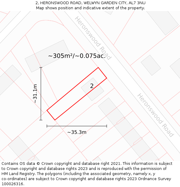 2, HERONSWOOD ROAD, WELWYN GARDEN CITY, AL7 3NU: Plot and title map