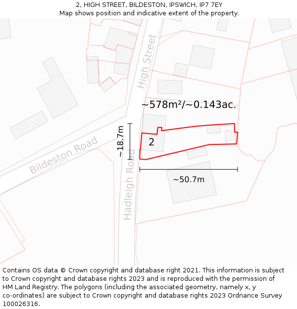 2, HIGH STREET, BILDESTON, IPSWICH, IP7 7EY: Plot and title map