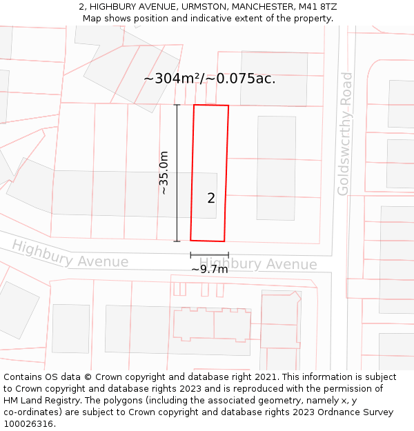 2, HIGHBURY AVENUE, URMSTON, MANCHESTER, M41 8TZ: Plot and title map