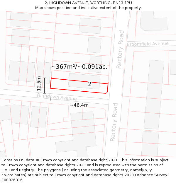 2, HIGHDOWN AVENUE, WORTHING, BN13 1PU: Plot and title map