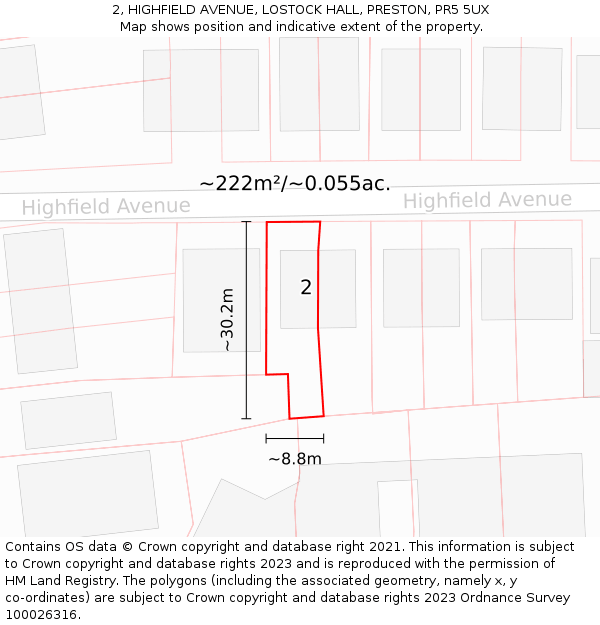 2, HIGHFIELD AVENUE, LOSTOCK HALL, PRESTON, PR5 5UX: Plot and title map