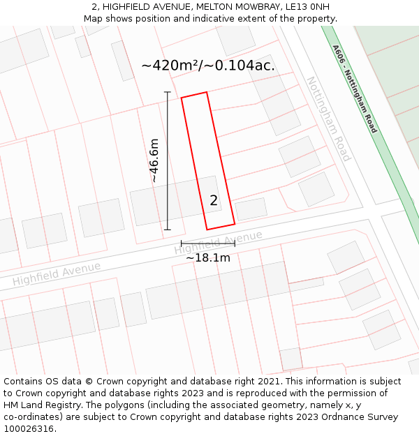 2, HIGHFIELD AVENUE, MELTON MOWBRAY, LE13 0NH: Plot and title map