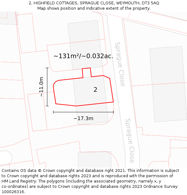 2, HIGHFIELD COTTAGES, SPRAGUE CLOSE, WEYMOUTH, DT3 5AQ: Plot and title map