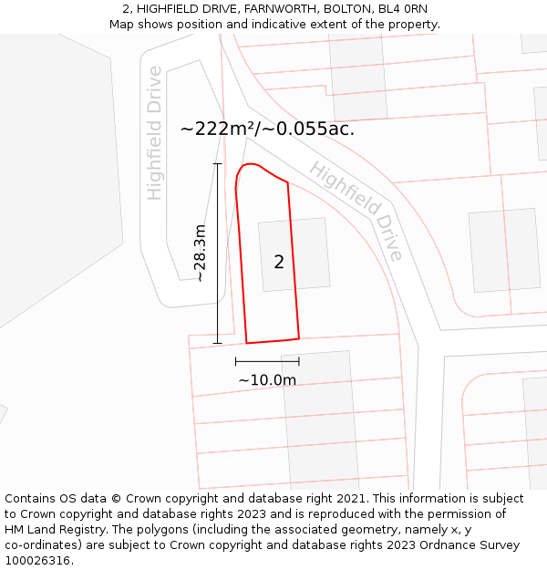 2, HIGHFIELD DRIVE, FARNWORTH, BOLTON, BL4 0RN: Plot and title map