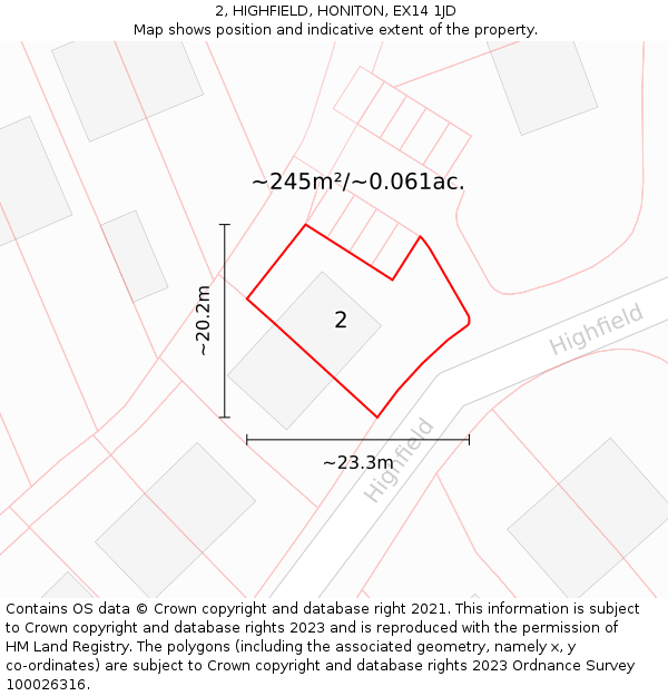2, HIGHFIELD, HONITON, EX14 1JD: Plot and title map