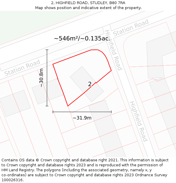 2, HIGHFIELD ROAD, STUDLEY, B80 7RA: Plot and title map