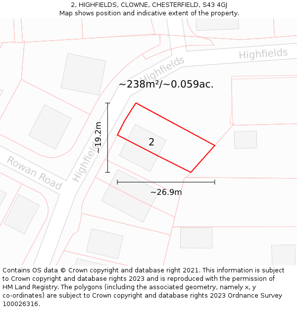 2, HIGHFIELDS, CLOWNE, CHESTERFIELD, S43 4GJ: Plot and title map