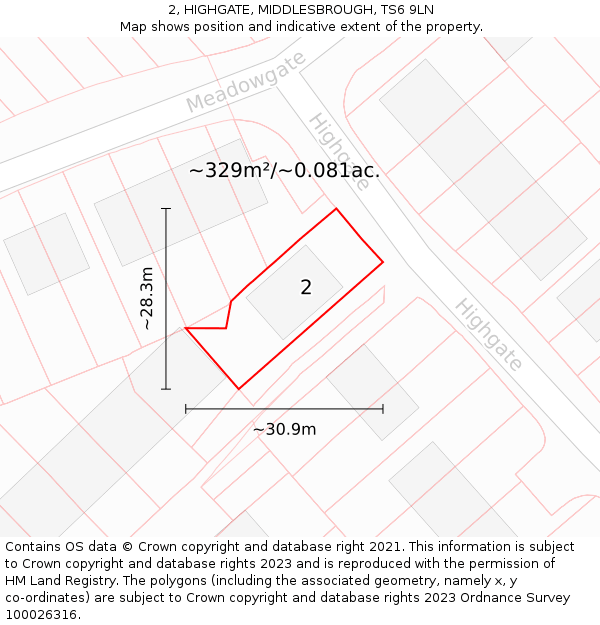 2, HIGHGATE, MIDDLESBROUGH, TS6 9LN: Plot and title map