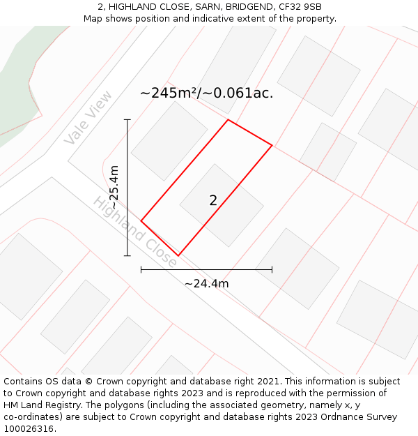 2, HIGHLAND CLOSE, SARN, BRIDGEND, CF32 9SB: Plot and title map