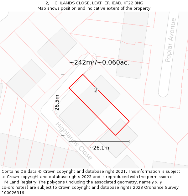 2, HIGHLANDS CLOSE, LEATHERHEAD, KT22 8NG: Plot and title map
