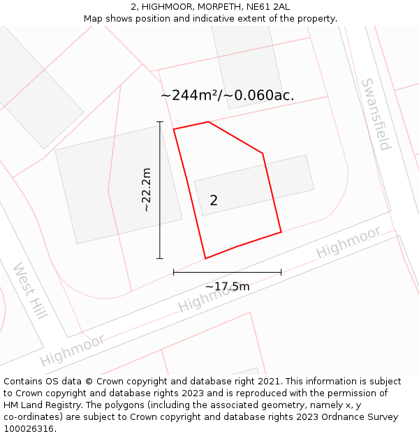 2, HIGHMOOR, MORPETH, NE61 2AL: Plot and title map