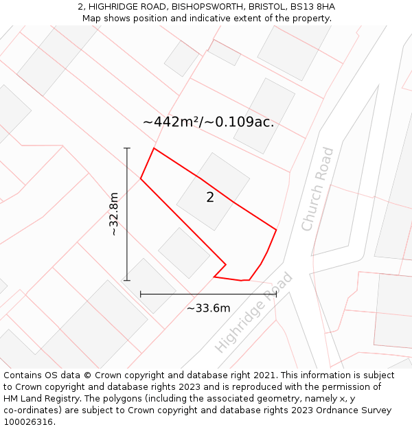 2, HIGHRIDGE ROAD, BISHOPSWORTH, BRISTOL, BS13 8HA: Plot and title map