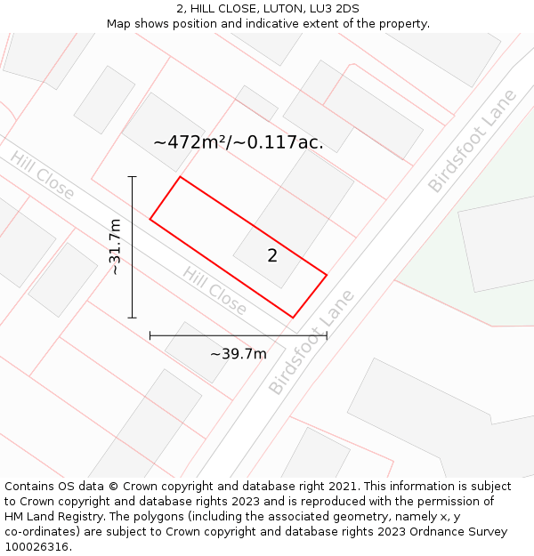 2, HILL CLOSE, LUTON, LU3 2DS: Plot and title map