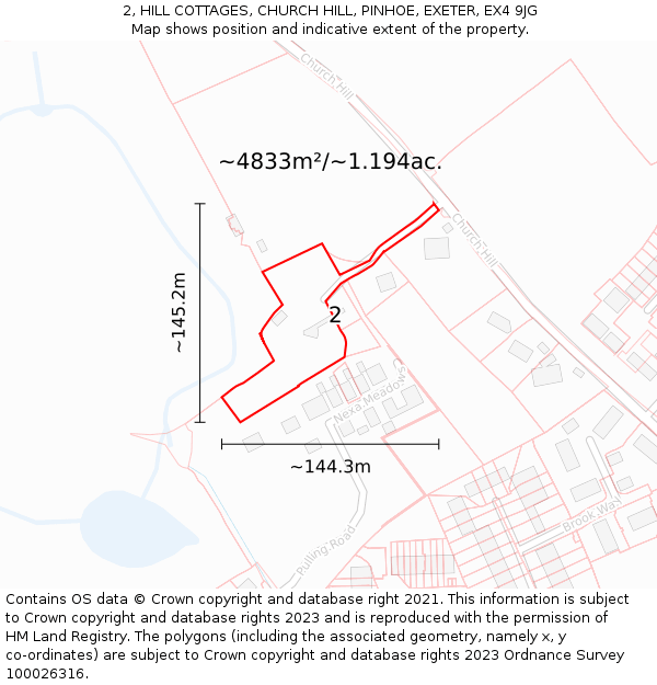 2, HILL COTTAGES, CHURCH HILL, PINHOE, EXETER, EX4 9JG: Plot and title map